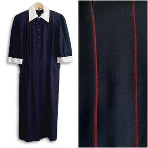 NINA RICCI Retro Maxi Length Long Pin-Stripe Dress White Collar Navy Blue Sz 12